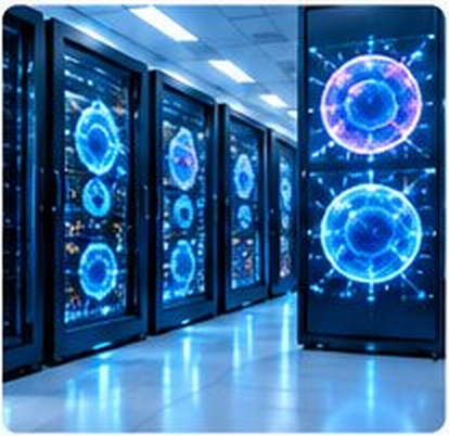 Rows of illuminated server racks