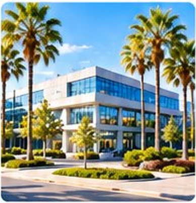 Palm trees in front of a modern research campus