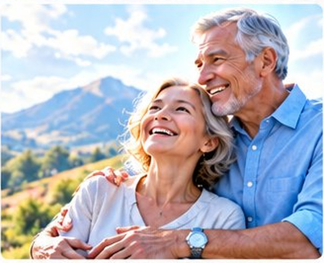 An older couple smiling in the mountains