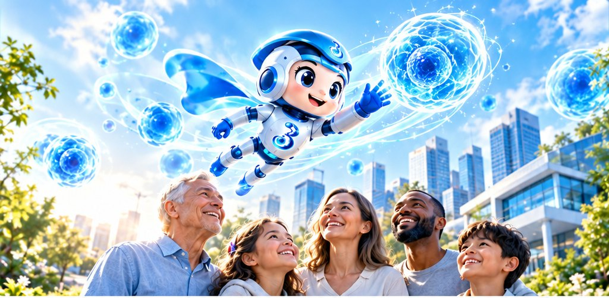 A multi-generational family looking up at glowing cell spheres above a city skyline