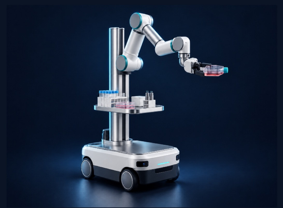 A six-axis collaborative arm on a lifting column mounted to a mobile base, alongside a lab bench holding a culture flask.