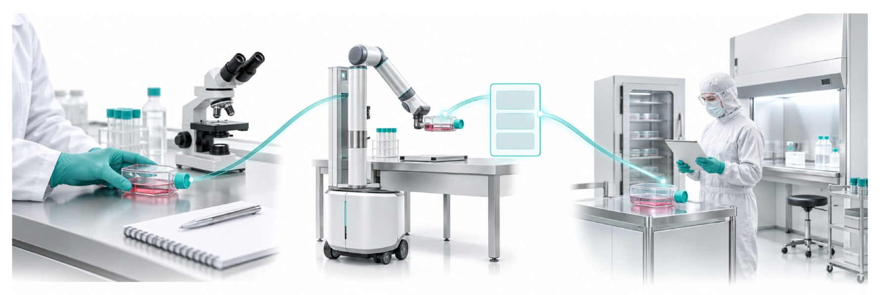 Three stages of process transfer: a mature protocol at the bench, the same protocol executed and recorded by a robot, and a receiving team reproducing it in a cleanroom.
