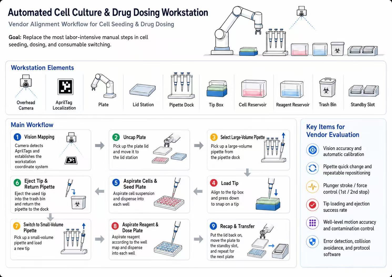 Workstation overview diagram showing the ten elements, the nine-step seeding and dosing cycle, and six vendor evaluation criteria.